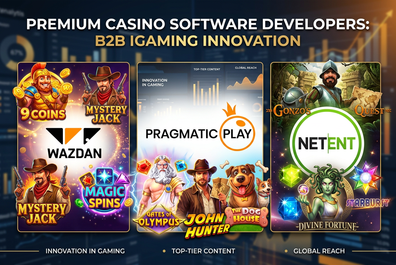Kolaż logotypów dostawców oprogramowania kasynowego Wazdan, Pragmatic Play i NetEnt