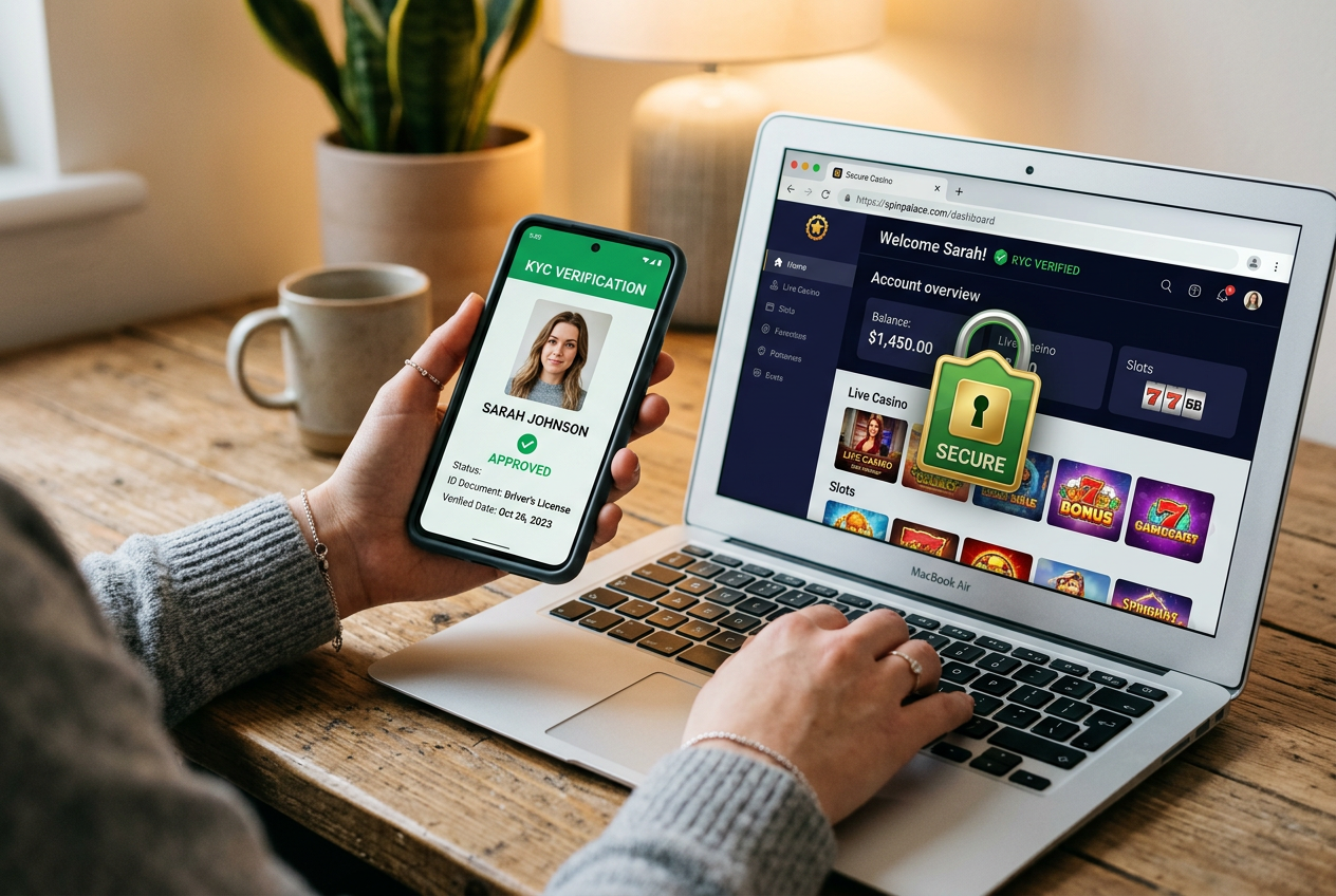 Person holding a smartphone for KYC identity verification in an online casino