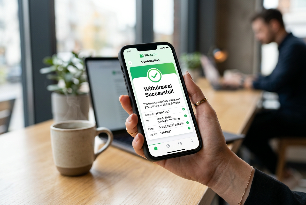 Proces wypłaty środków na smartfonie z potwierdzeniem sukcesu