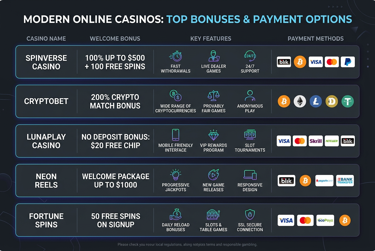 Profesjonalna infografika prezentująca zestawienie nowoczesnych kasyn online z logo BLIK i Bitcoin