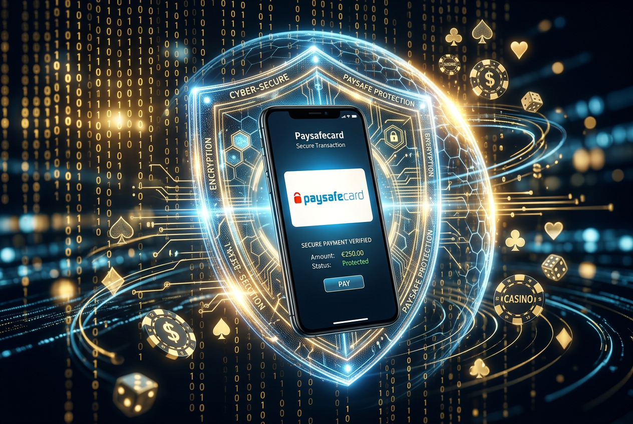Przedpłacona karta Paysafecard na tle nowoczesnych symboli płatności cyfrowych i interfejsu kasyna