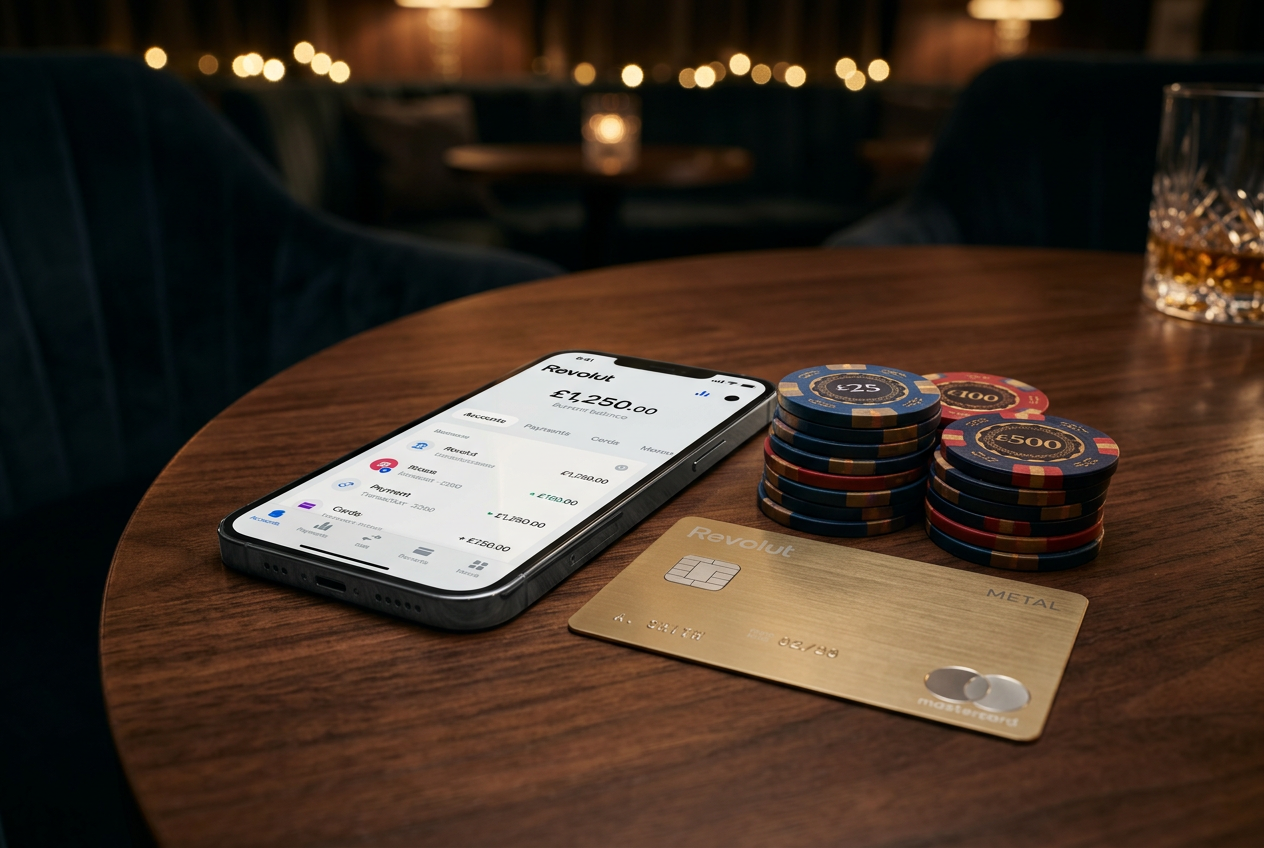 Smartphone displaying Revolut app next to casino chips and a gold card on a dark luxury background