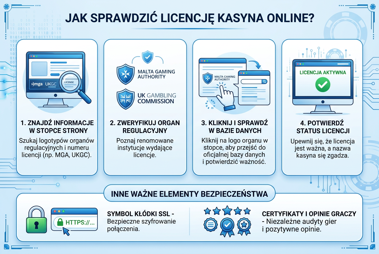 Infografika przedstawiająca 3 kroki weryfikacji licencji kasyna online